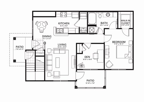 Floor plan for 1 bed, 1 bath, 1089 sqft